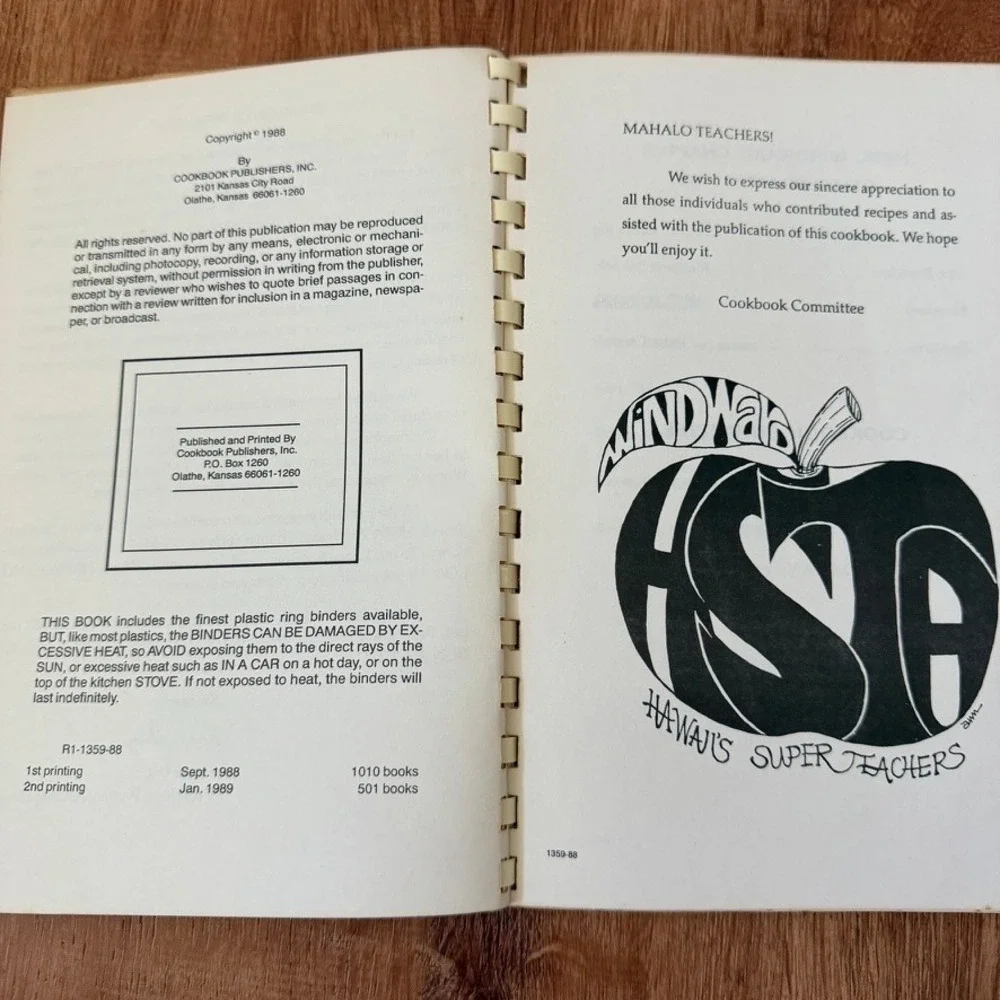 Vintage 1988 HSTA Apples From Teachers Hawaii Cookbook Local Recipes Windward